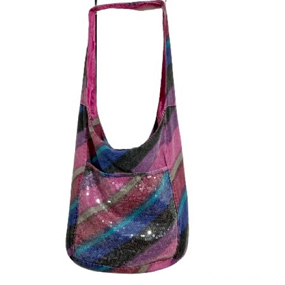 Disco 80s Y2K Glitter BONGO Bling Striped Boho Bohemian Hobo Bag Pink Multicolor - Picture 1 of 15